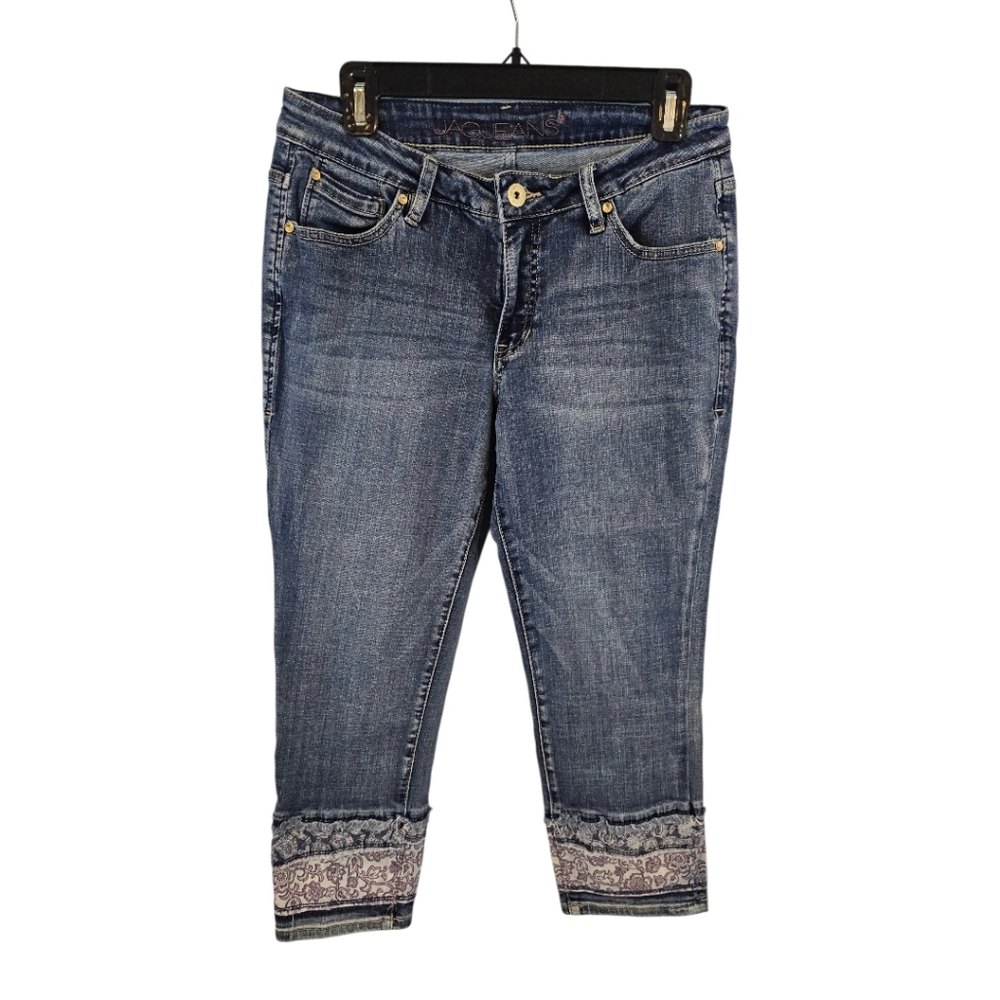 Jag Jeans Size 10P Blue Cropped Denim with Patterned Hem Girlfriend Fit
